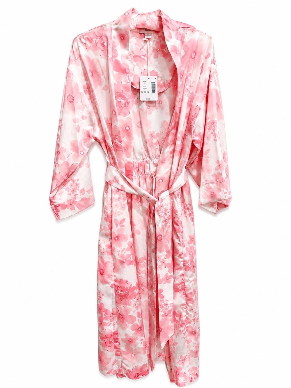 NWT Cabernet Peach Rose Pink Floral Satin Robe, 3/4 Sleeve Kimono Style Small